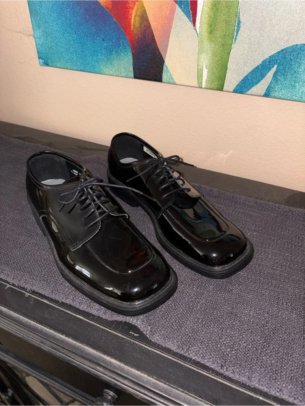 Men’s American Vintage Gloss Black Leather Dress Shoes Polished Oxfords, size 12
